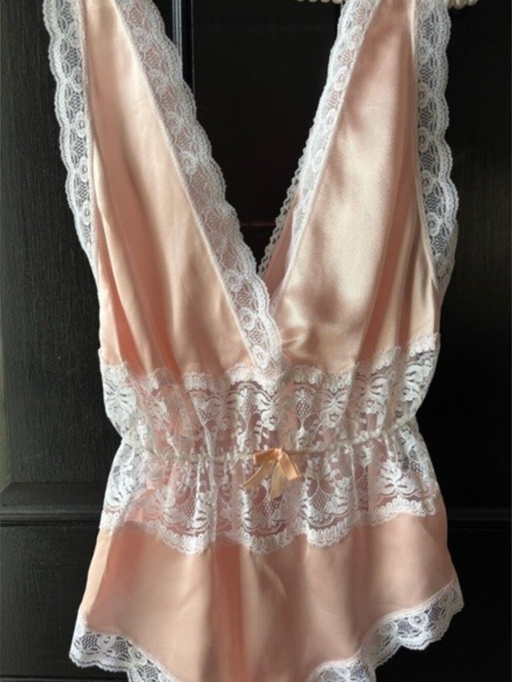 VTG Nicole Peach Pink Satin Lace Teddy Bodysuit Robe Set Size S/M - Picture 4 of 15